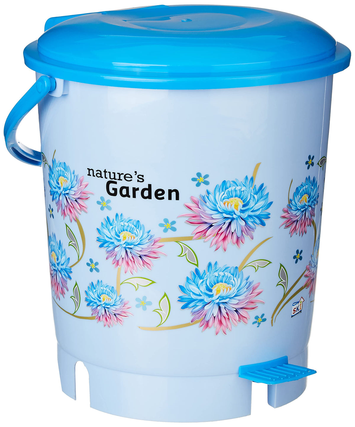 Kuber Industries Step-On Pedal Dustbin/Waste Bin with Lid|Flower Print & Durable Plastic|Size 28 x 28 x 32 CM, Capicity 10 Ltr (Blue)
