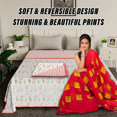 Kuber Industries Blanket | Cotton Double Bed Dohar | Blanket For Home | Reversible AC Blanket For Travelling | Blanket For Summer | Blanket For Winters | Red Flower | White