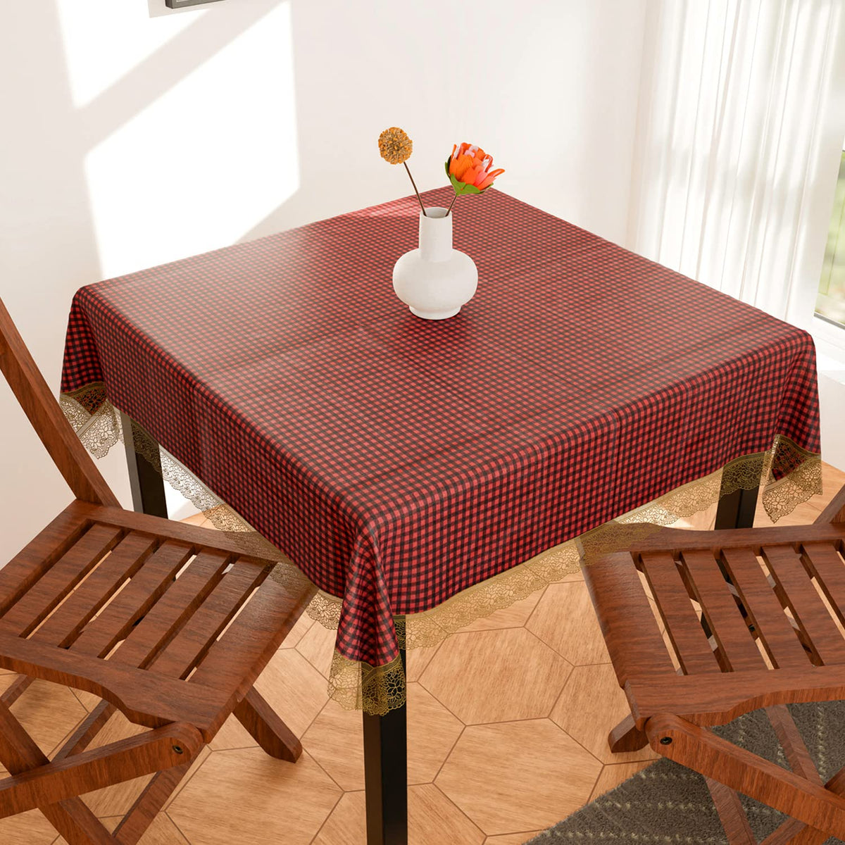 Heart Home Square Table Cover for 4 Seater|PVC Waterproof Check Pattern Tablecloth Indoor & Outdoor|48x48 Inch (Red)