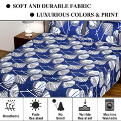 Kuber Industries Double Bedsheet|Glace Cotton Leaf Print Bedsheet with 2 Pillow Covers for Living Room|Bedroom|90x100 Inch (Navy Blue)