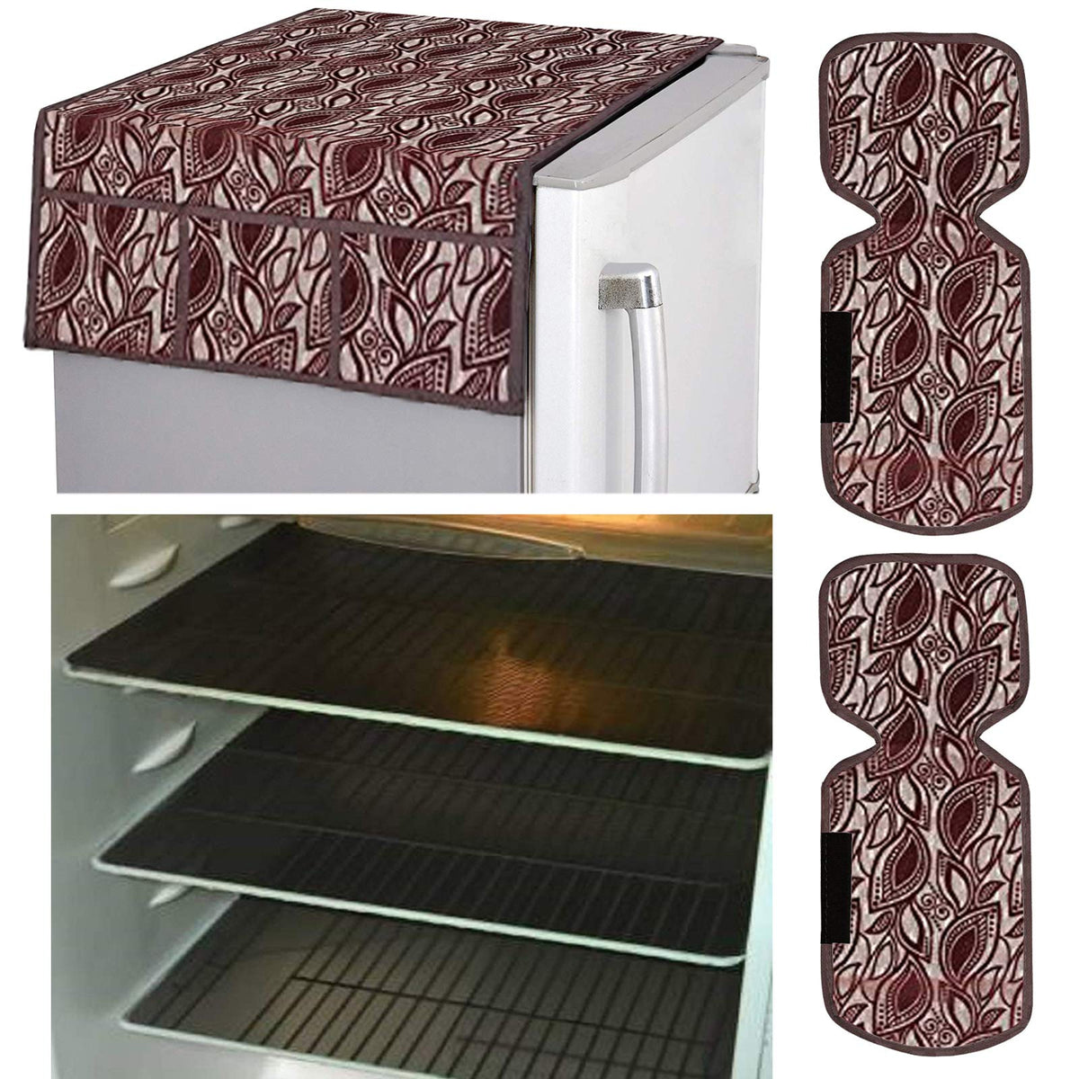 Kuber Industries Leaf Design Combo PVC 3 Pieces Fridge Mats, 2 Piece Handle Cover and 1 Piece Fridge Top Cover(Maroon)