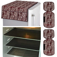 Kuber Industries Leaf Design Combo PVC 3 Pieces Fridge Mats, 2 Piece Handle Cover and 1 Piece Fridge Top Cover(Maroon)