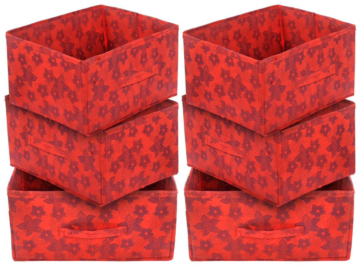 Heart Home Metallic Flower Printed Non-Woven Rectangular Flodable Cloth Storage Box/Drawer- Pack of 6 (Red)-HS43HEARTH26338