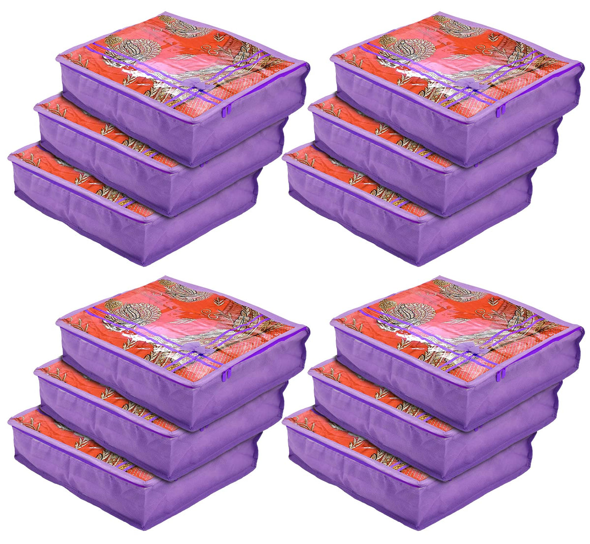 Heart Home Non-Woven Foldable Single Saree Cover, Wardrobe Organiser With Tranasparent Top- Pack of 12 (Purple)-44HH0344