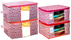 Kuber Industries Leaf Design 2 Piece Non Woven Saree Cover and 2 Pieces Underbed Storage Bag, Storage Organiser, Blanket Cover, Red & Pink -CTKTC42370