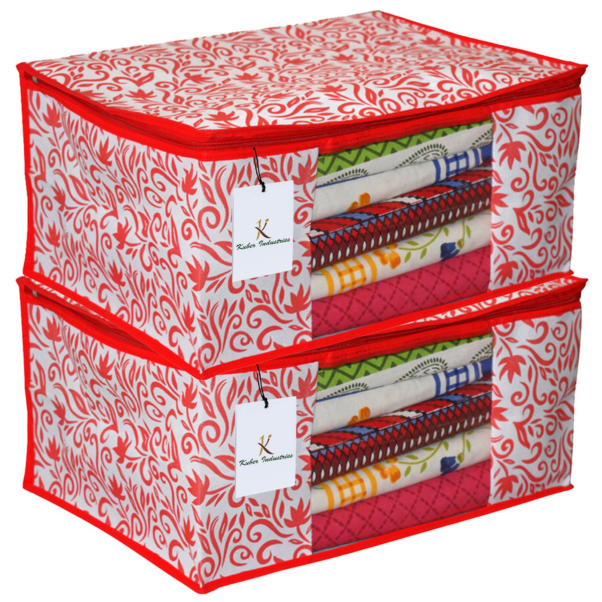 Kuber Industries Floral Design 2 Piece Non Woven Saree Cover, Extra Large, Red