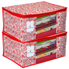 Kuber Industries Floral Design 2 Piece Non Woven Saree Cover, Extra Large, Red