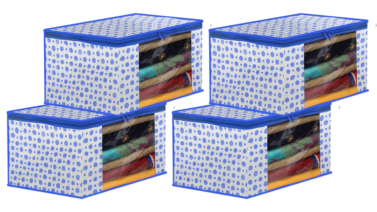 Kuber Industries Dot Printed Foldable, Lightweight Non-Woven Saree Cover/Organizer With Tranasparent Window- Pack of 4 (Blue)-46KM0495, Cotton