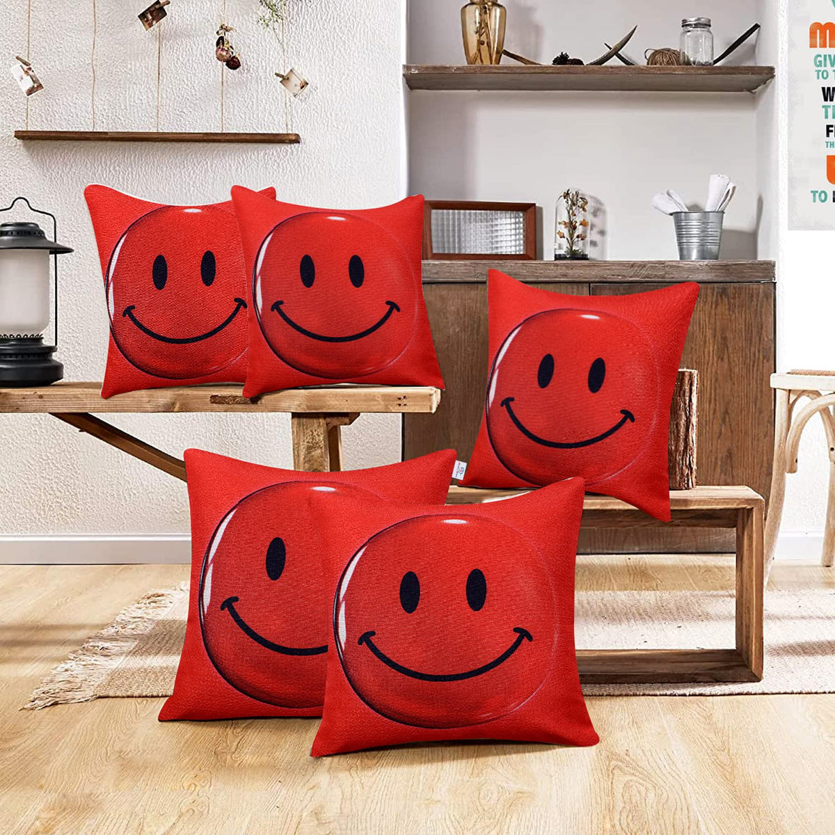 Heart Home Cushion Cover|Sofa Cushion Covers|Smile Ball Print Sitting Cushion Cover|Polyester Cushion Filler|16x16 Inch|Set of 5 (Red)