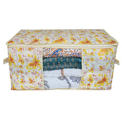 Kuber Industries Flower Design 2 Piece Non Woven Underbed Storage Bag, Storage Organiser, Blanket Cover with Transparent Window, Extra Large, Ivory & Red CTKTC034482