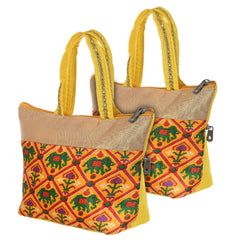 Kuber Industries Polyester Elephant Print Hand Bag For Women/Girls With Handle Pack of 2 (Yellow) 54KM4036