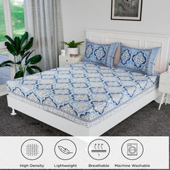 Heart Home Double Bedsheet | Premium Cotton Bedsheet with 2 Pillow Covers | Bedsheet for Bedroom | Bedsheet for Double Bed | Flower Heritage | 90x108 Inch | Blue