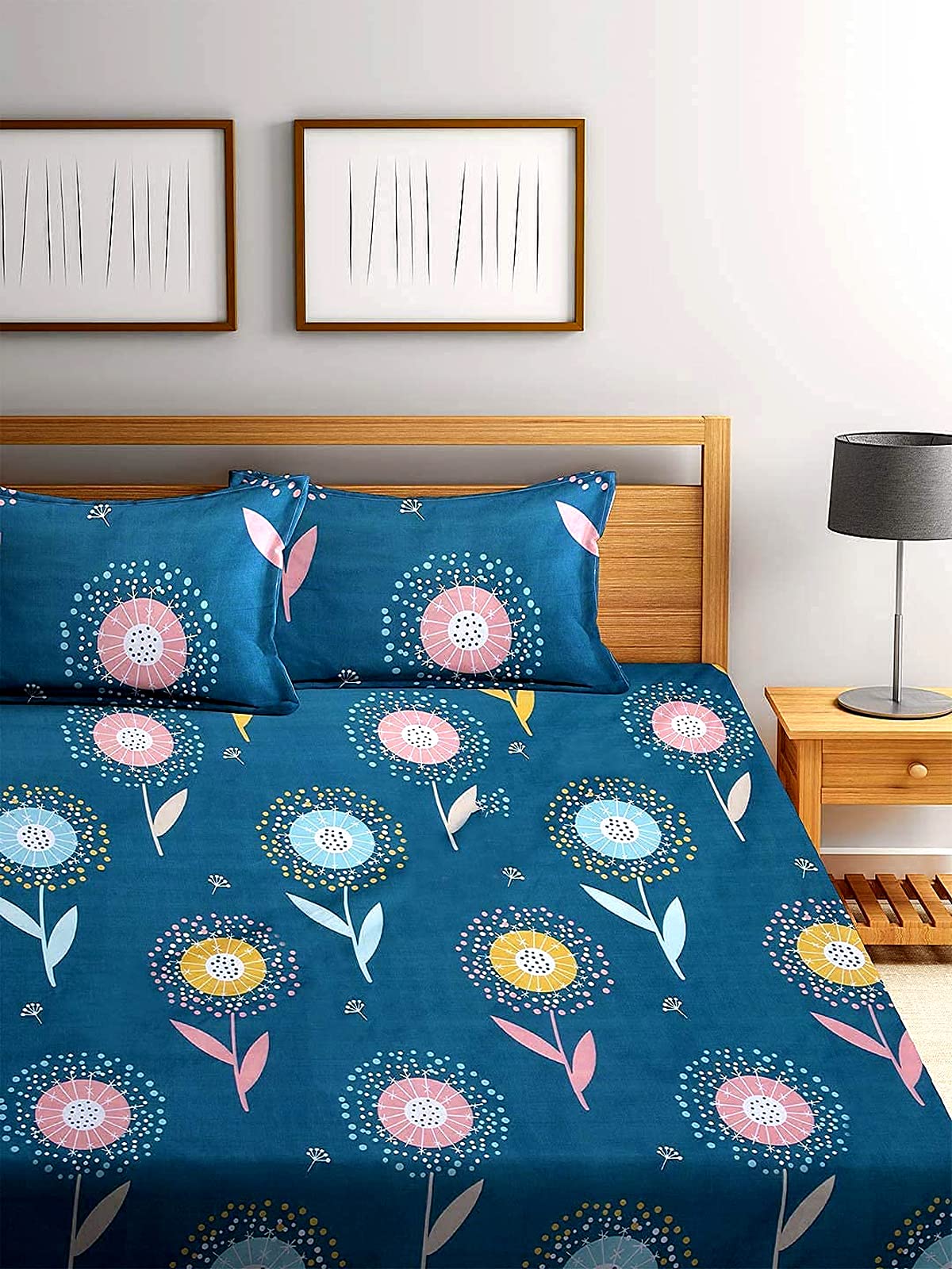 Heart Home Flower Printed Luxurious Soft Breathable & Comfortable Cotton Double Bedsheet with 2 Pillow Covers (Green)-HS43HEARTH26813