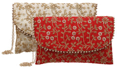 Kuber Industries Handcrafted 2 Pieces Embroidered Party Wear Clutch Bag Purse Handbag For Bridal, Casual, Party, Wedding (Red & Cream) - CTKTC034530