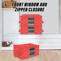 Heart Home Underbed Storage Bag | Clothes Storage Organizer | Blanket Cover with Clear Window | Zipper Closure & Handle Cloth Organizer | New Flower-Design | Large | Pack of 6 | Red