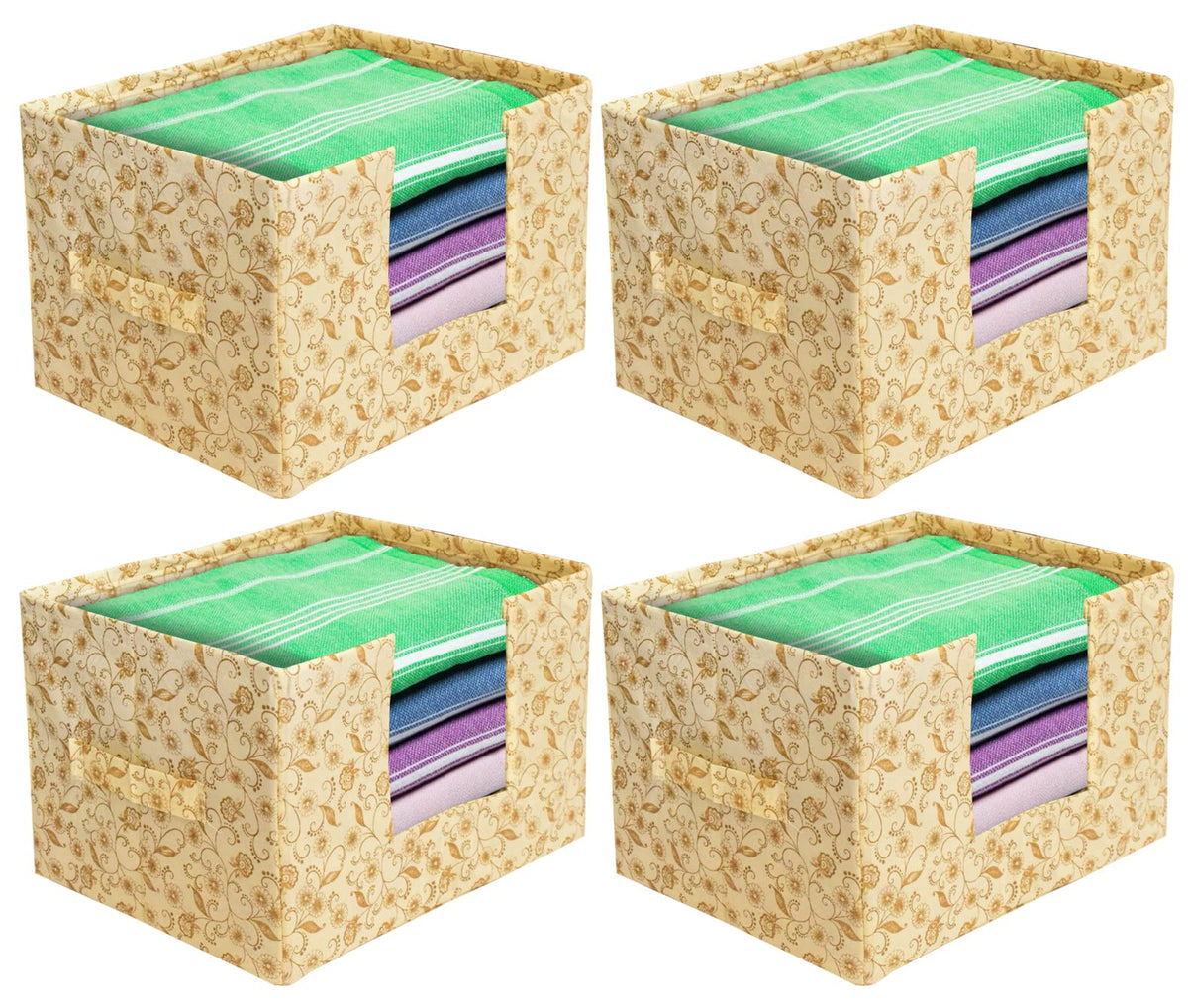 Heart Home Metallic Flower Printed Non-Woven Foldable Saree Stacker, Wardrobe Organizer, Storage Bin With Handle- Pack of 4 (Ivory)-HS43HEARTH26372