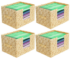 Heart Home Metallic Flower Printed Non-Woven Foldable Saree Stacker, Wardrobe Organizer, Storage Bin With Handle- Pack of 4 (Ivory)-HS43HEARTH26372