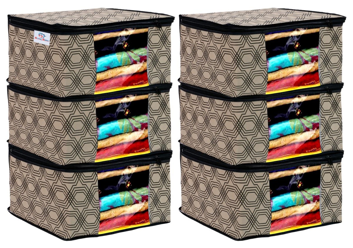 Heart Home Honeycomb Print Non-Woven Foldable Saree Cover|Clothes For Home & Traveling With Transparent, Extra Large Pack of 6 (Cream)