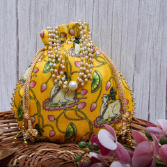 Heart Home Potli|Silk Wedding Potli|Wallet Potli|Christmas Gift Potli|Baby Shower Potli|Traditional Shagun Potli|Drawstring with Beads Handle Potli|Cow-Design Patli Potli|Pack of 3|Yellow