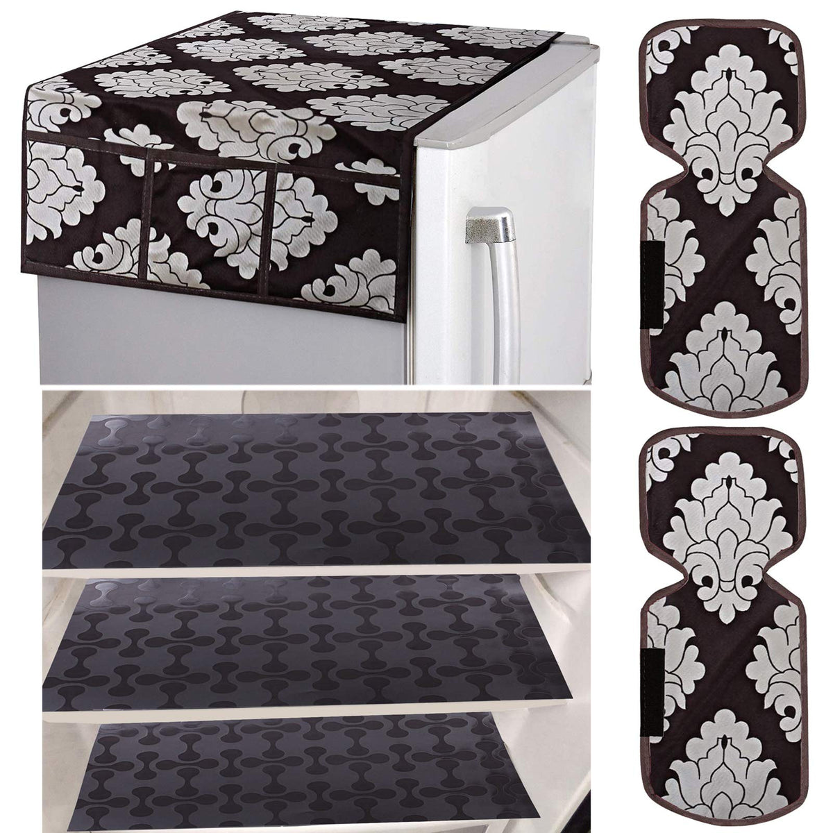 Kuber Industries Flower Design Combo PVC 3 Pieces Fridge Mats, 2 Piece Handle Cover and 1 Piece Fridge Top Cover(Brown),Standard,CTKTC024485