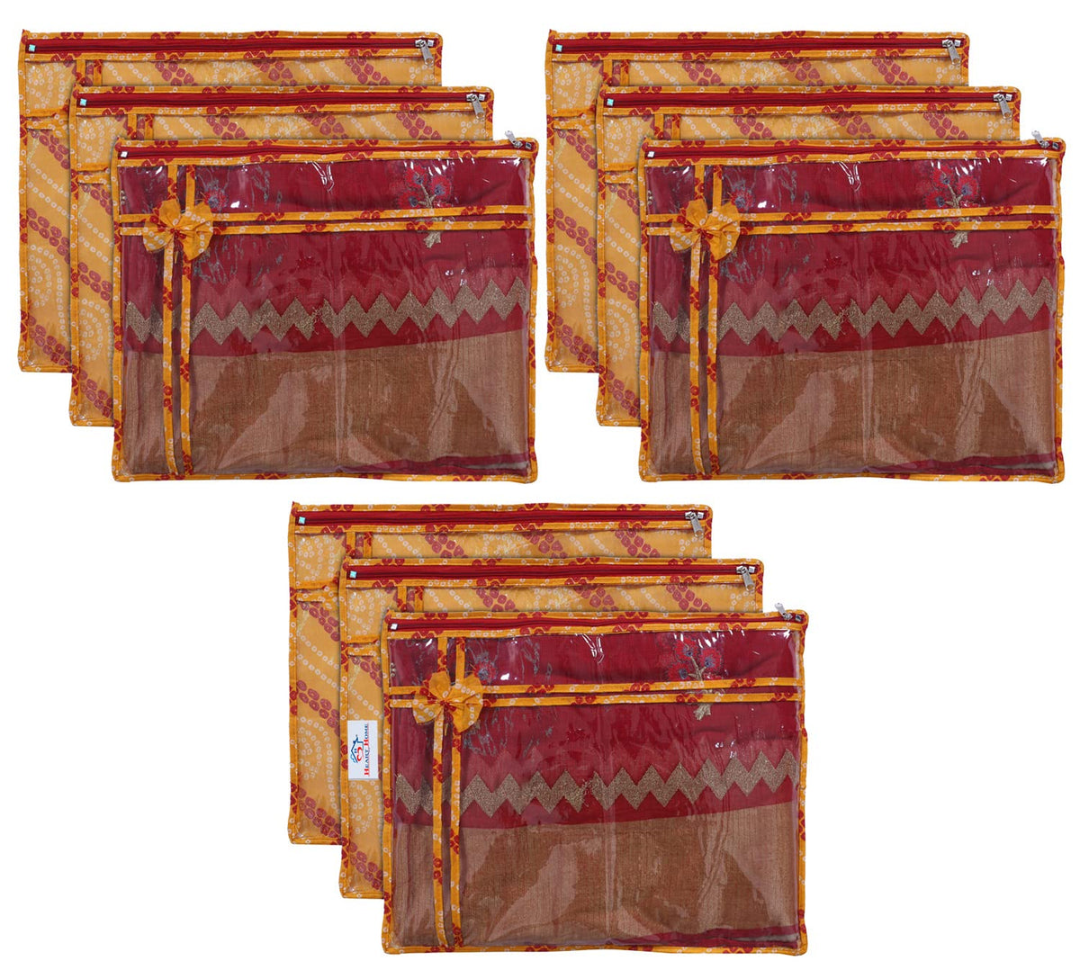 Heart Home Bandhani Print PVC Foldable Single Saree Cover|Clothes Storage For Saree, Lehenga, Suit With Transparent Pack of 9 (Yellow)