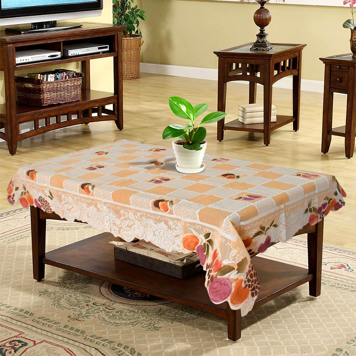 Kuber Industries Check Printed Cotton 4 Seater Center Table Cover,40"x60" (Light Orange)-44KM01