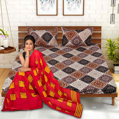 Kuber Industries Fitted Double Bedsheet|Glace Cotton Rangoli Print Bedsheet with 2 Pillow Covers for Living Room|Bedroom|6x6 Feet (Brown)