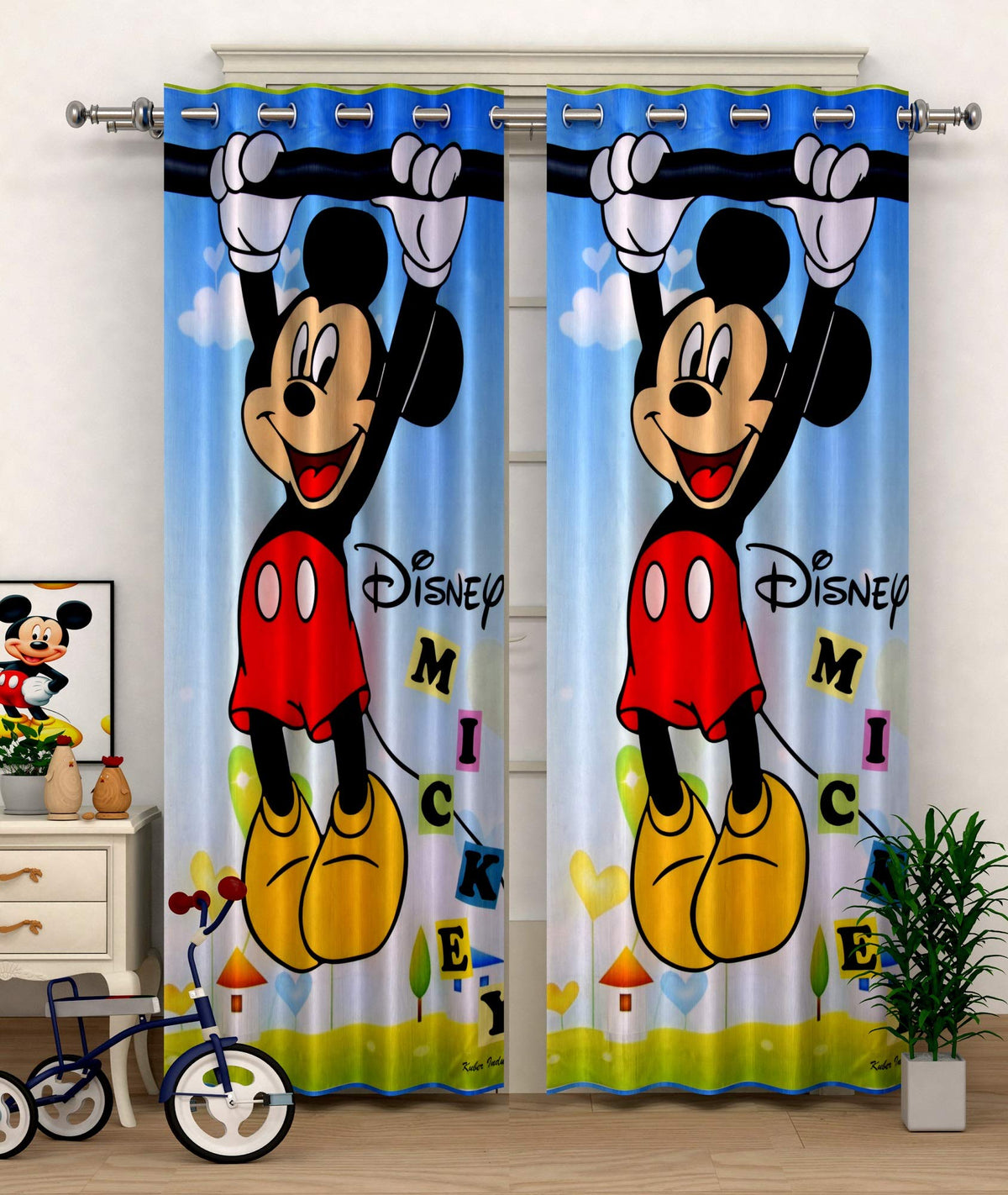 Kuber Industries Disney Mickey Print 2 Pieces Polyester Special Blackout Long Crush Eyelet Door Curtain 7 Feet (Sky Blue)-KUBMART033