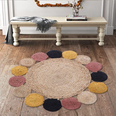 Kuber Industries Hand Woven Carpet Rugs|Natural Solid Braided Jute Door mat|Multicolor Circle Border for Bedroom,Living Room,Dining Room,Yoga,74x74 cm,(Brown)