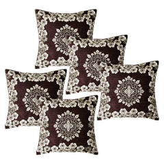 Kuber Industries Cushion Cover | Sofa Cushion Covers | Embossed Square Cushion Covers | Jute Cushion Covers | Flower Print Couch Cushion Covers | Set of 5 | 16 Inch | Brown