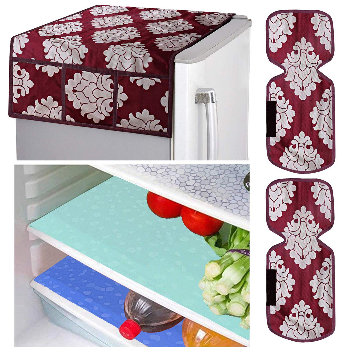 Kuber Industries Flower Design Combo PVC 3 Pieces Fridge Mats, 2 Piece Handle Cover and 1 Piece Fridge Top Cover(Maroon)