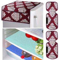 Kuber Industries Flower Design Combo PVC 3 Pieces Fridge Mats, 2 Piece Handle Cover and 1 Piece Fridge Top Cover(Maroon)
