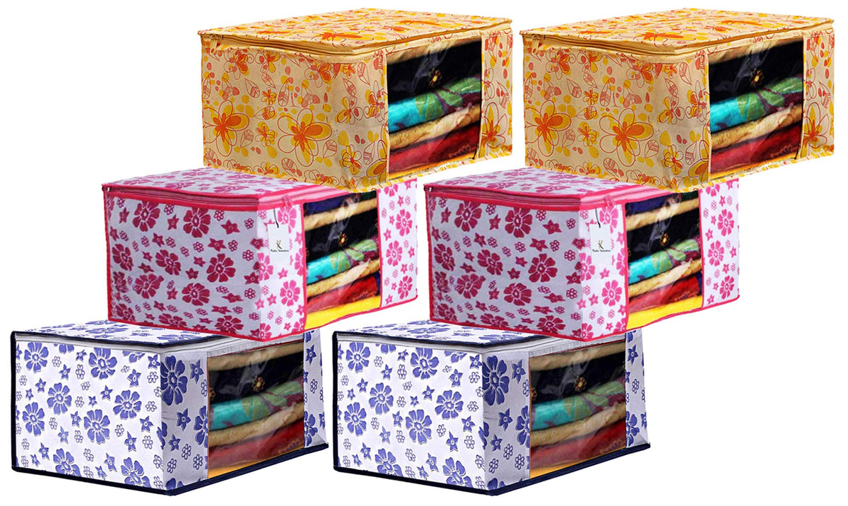 Kuber Industries Flower Printed 6 Piece Non Woven Fabric Saree Cover Set with Transparent Window, Extra Large, Pink & Blue & Ivory Red -CTKTC040894