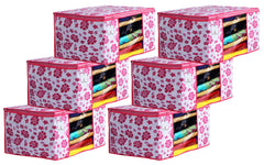 Kuber Industries Flower Design 6 Piece Non Woven Fabric Saree Cover Set with Transparent Window, Extra Large, Pink-CTKTC031905