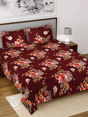 Heart Home Double Bedsheet|Glace Cotton Flower Print Bedsheet with 2 Pillow Covers for Living Room|Bedroom|90x100 Inch (Maroon)