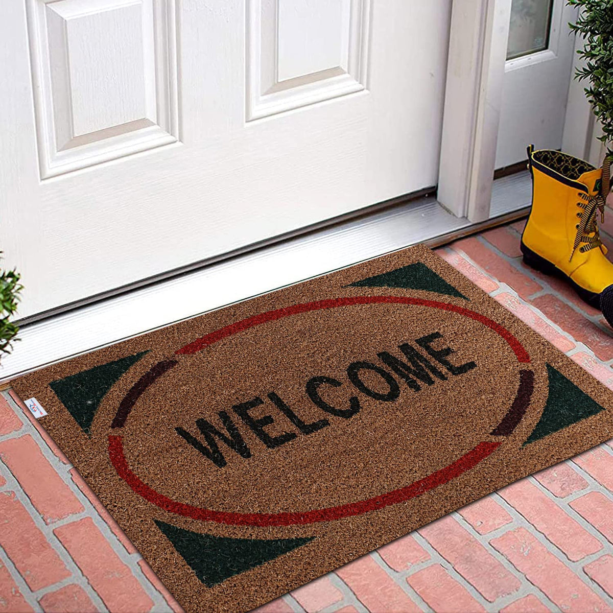 Heart Home Door Mat|Polyethylene Durable & Anti-Slip Natural Oval Welcome Print Floor Mat|Rug for Indoor or Outdoor, 30x20 Inch (Brown)