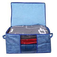Kuber Industries Leheriya Design Underbed Storage Bag|Large Storage Organiser|Blanket Cover with Transparent Window|Size 65 x 47 x 34 CM|Pack of 4 (Blue), Non-Woven