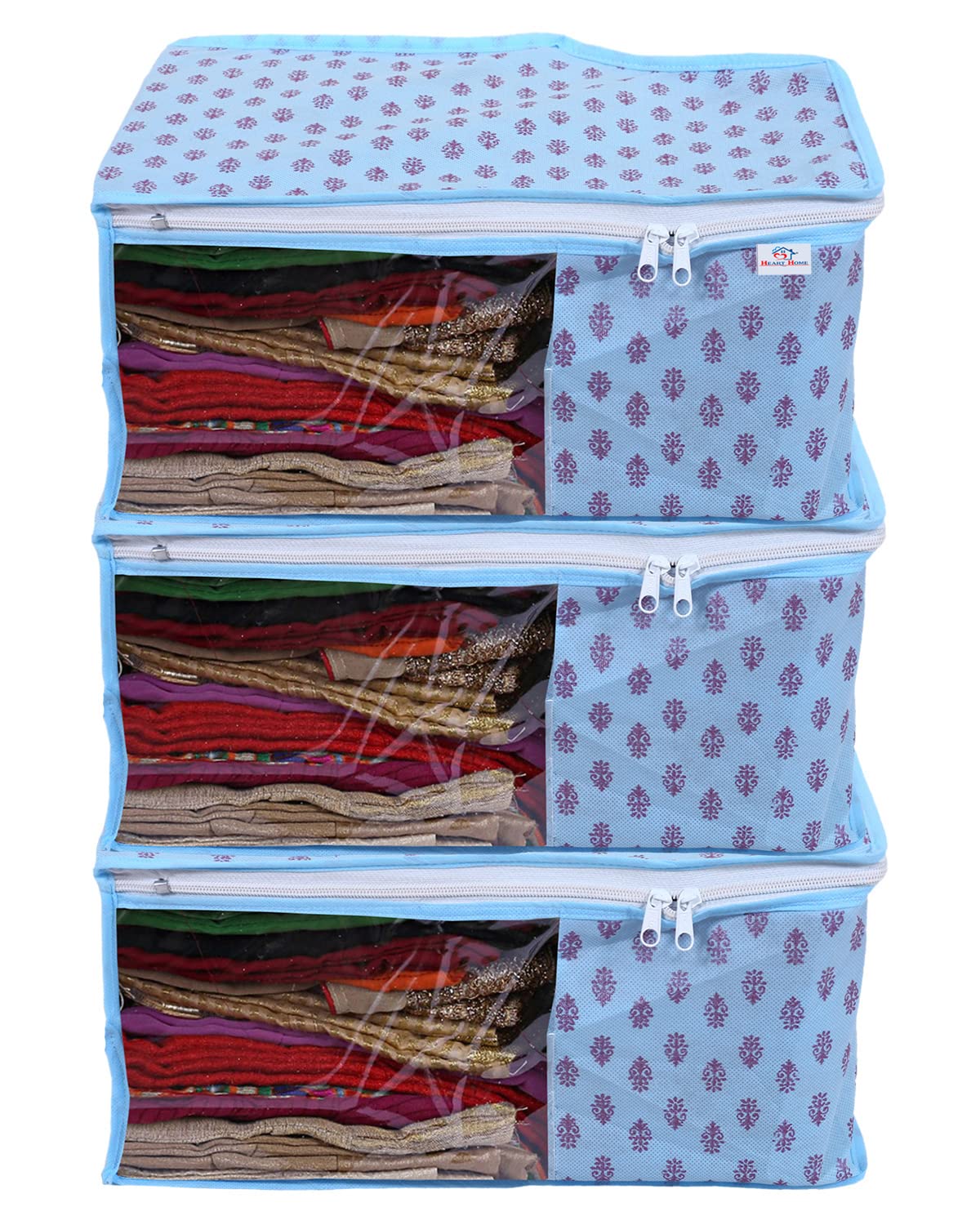 Heart Home Non-Woven Floral Print Foldable Blouse Cover|Clothes Organizer For Home & Traveling With Front Window Extra Large Pack of 3 (Sky Blue)