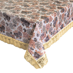 Kuber Industries Flower Printed PVC Spillproof, Waterproof, Antislip, Wipe Clean 6 Seater DinningTable Cover with Gold Lace Border, 60"x90" (Brown)