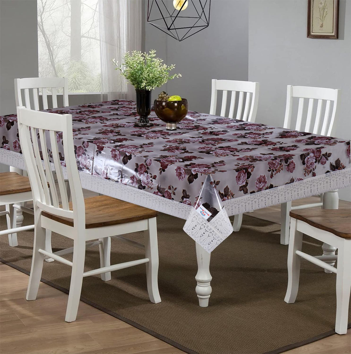Heart Home Flower Design Waterproof Dining Table Cover|Tabletop for Home Decoration with Cream Lace Border, 60X90 inch (Cream)