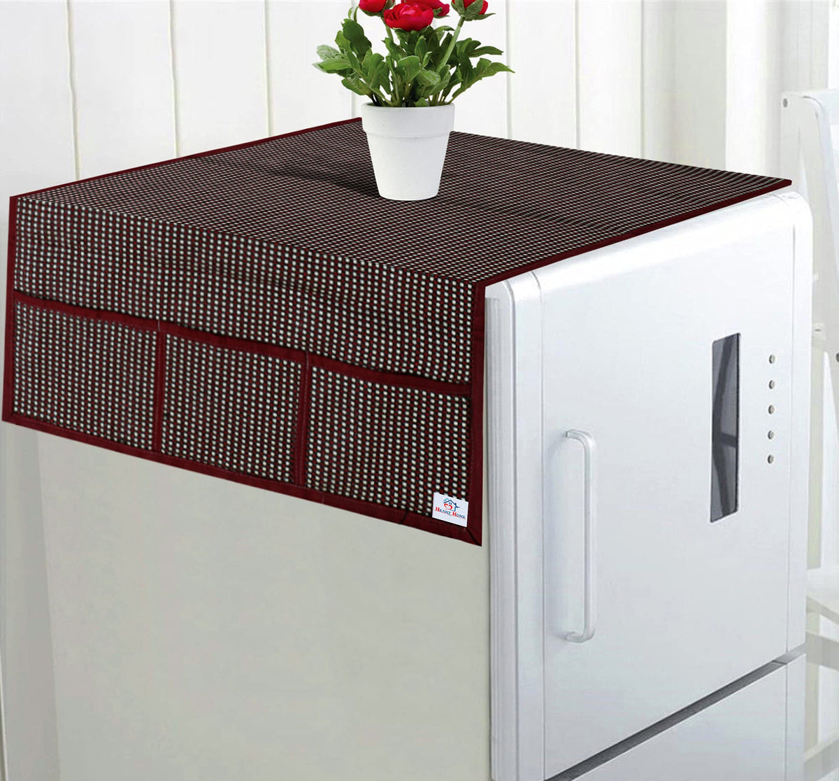 Heart Home Check Design Jute Fridge Top Cover with 6 Utility Side Pockets (Brown)-HS_38_HEARTH21054, Standard