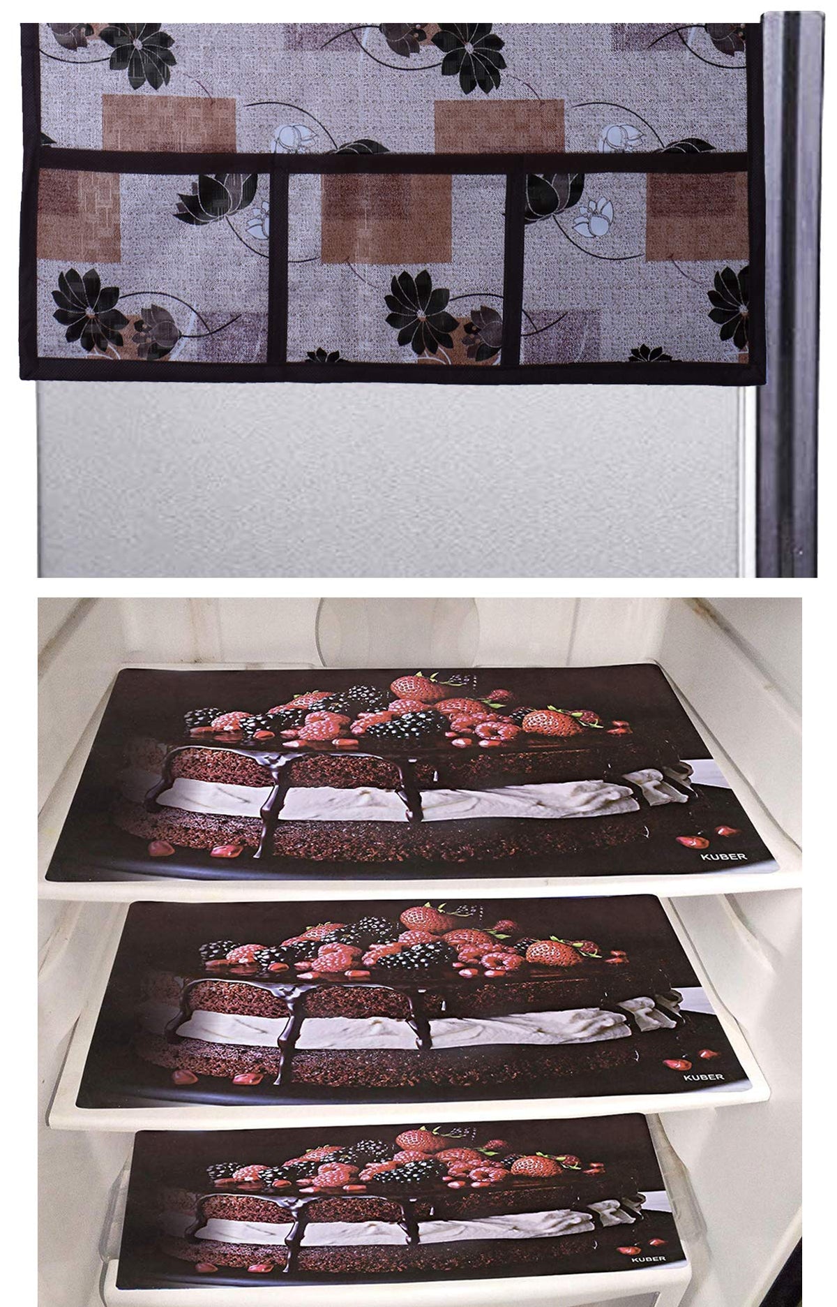 Kuber Industries Cake Design 3 Pieces PVC Fridge Mats and Flower Design 1 Piece Fridge Top Cover (Brown) - CTKTC39768,Standard