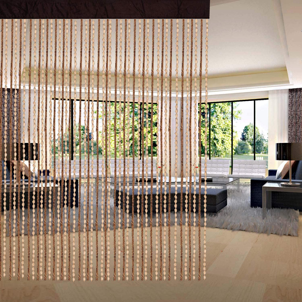 Heart Home Wooden Sparkling Beaded String Shear Hanging Door Curtain 7 Feet (Cream)- CTHH03646