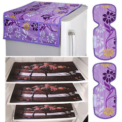 Kuber Industries Flower Design Combo PVC 3 Pieces Fridge Mats, 2 Piece Handle Cover and 1 Piece Fridge Top Cover(Purple)