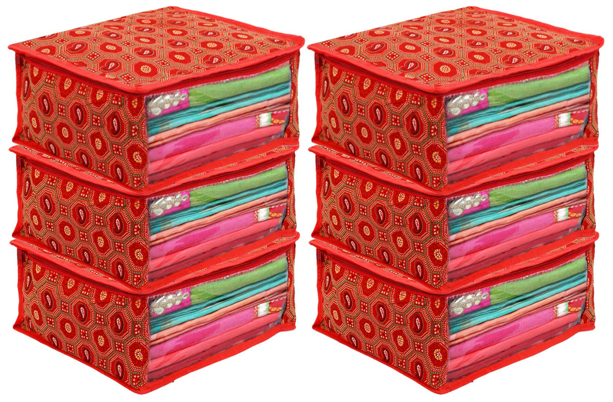 Heart Home Bandhani Design 6 Piece Cotton Saree Cover/Wardrobe Storage Organizer (Red) - HEART2625