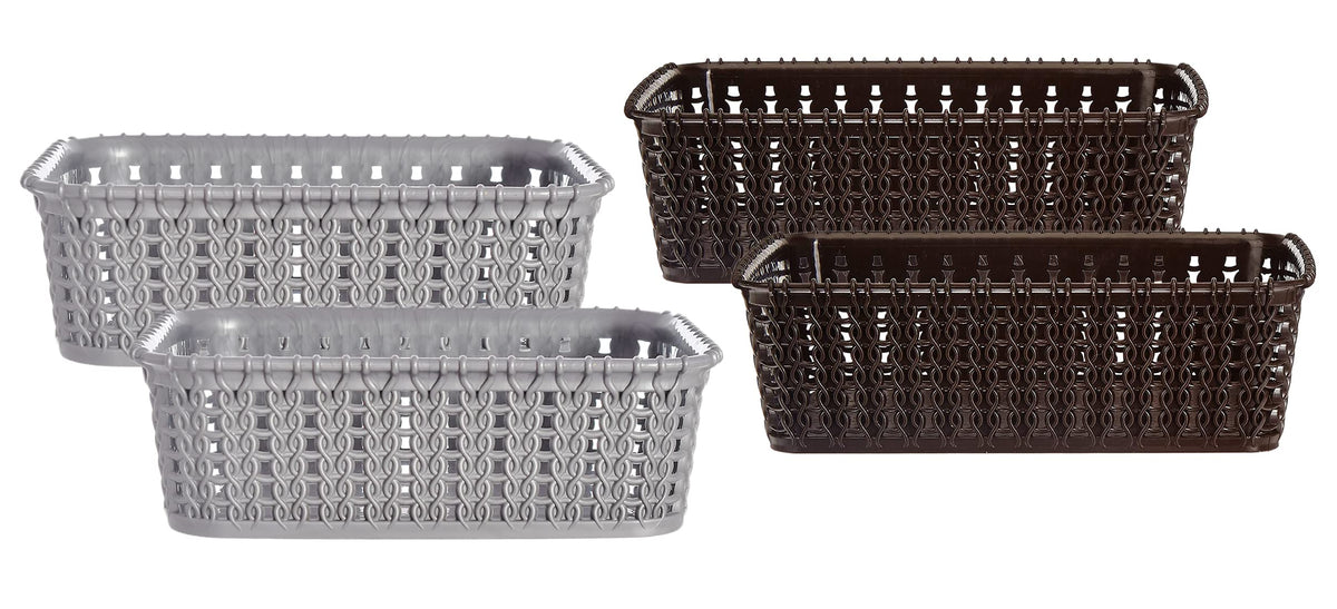 Heart Home Multipurposes Small M 15 Plastic Basket, Organizer For Kitchen, Countertops, Cabinets, Bathrooms Without Lid- Pack of 4 (Grey & Brown) -46HH0132