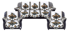 Heart Home Floral Design Cotton 5 Seater Sofa Cover with 6 Pieces Arms Cover Use Both Side HEART11975 - Set of 16, (White and Brown)