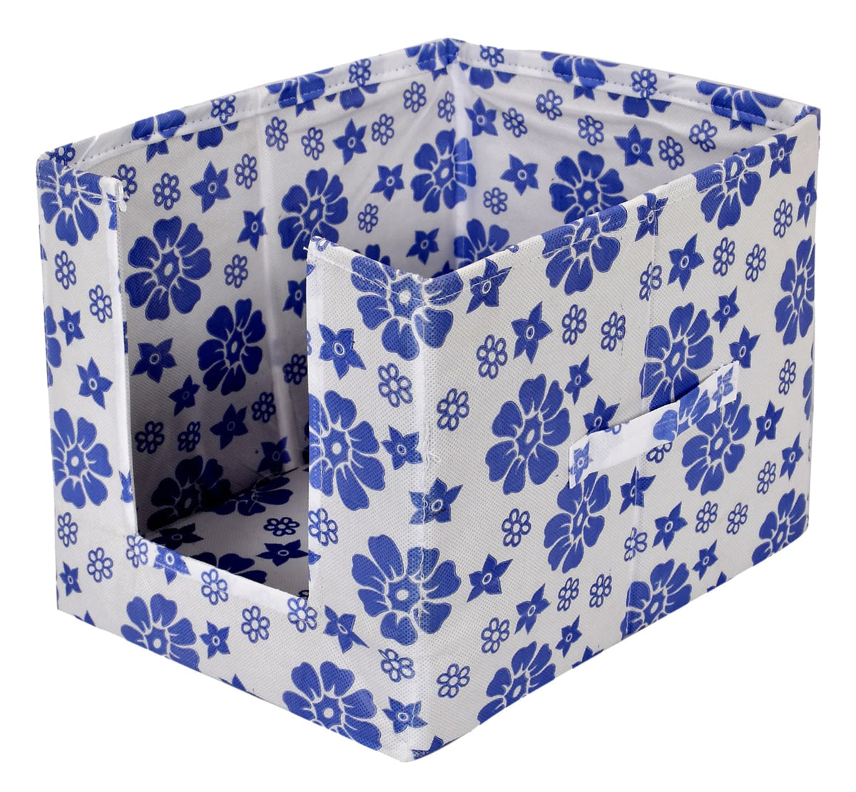 Heart Home Flower Printed Multiuses Non-Woven Closet Organizer With Handles (White & Blue) -HS43HEARTH26497