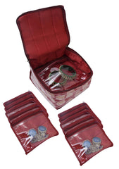 Kuber Industries Brocade Fabric Jewellery Box/Organizer with 10 Transparent Pouches (Red & Pink)-Pack of 2-KUBMART15353