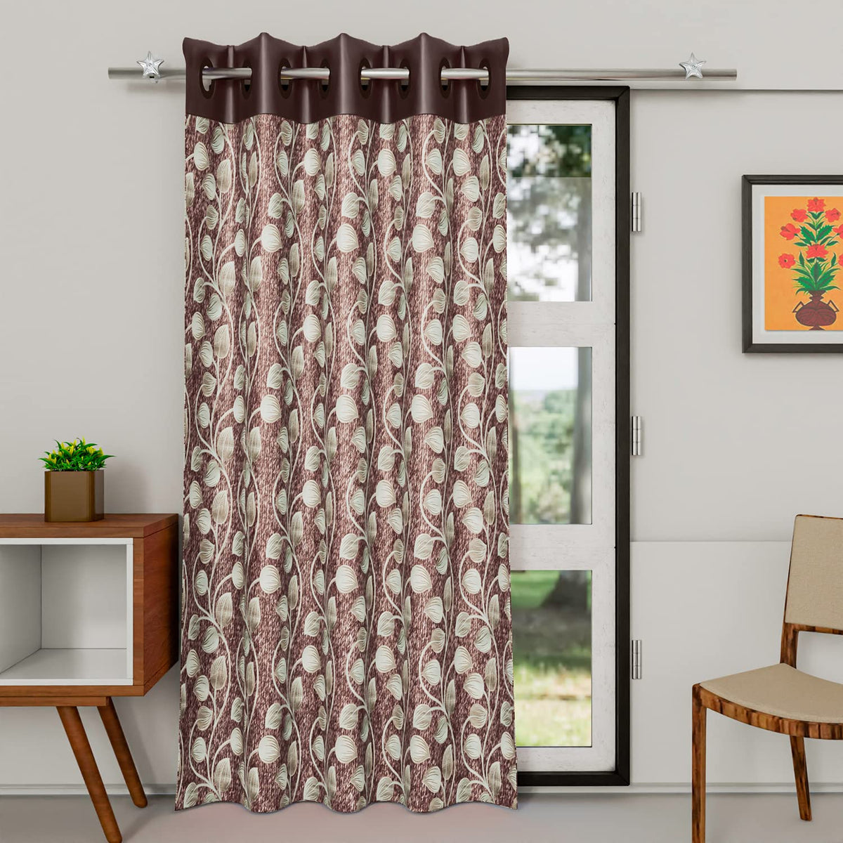 Kuber Industries Silk Decorative 7 Feet Door Curtain | Leaf Print Blackout Drapes Curtain with 8 Eyelet for Home & Office (Brown)